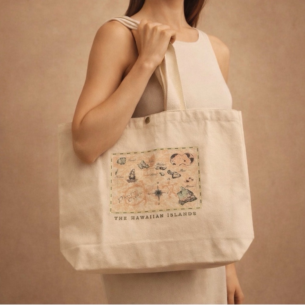 Vintage Hawaiian Islands Beige Canvas Tote Bag Reusable Eco Tote